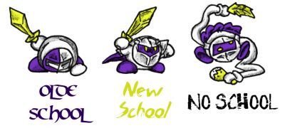 Schools of Meta Knight
Classic two-toned mask from the days of your.

Super Star fancied him up, still awesome. Batwings for maximum badness.

Then, disaster struck with Senior Noodle Arms and his golden leaf of suck. Watch out for his maraca!


I'm a bitter, old man.
Keywords: meta knight schools old new no maraca senior noodle arms two tone mask golden leaf
