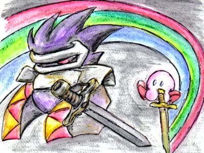 Chromatic Combat
The pink puff faces off against the swordsman form of Dark Matter with the mystical Rainbow Sword. Best. Boss Battle. [b]Ever[/b].

Water color pencil overlaid with ink.
Three-color rainbows for the gold.
Keywords: dark matter knight swordsman rainbow sword blade chromatic red blue green kirby