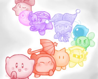 Friends Rainbow!
Lately I've been pretty upset about my art sucking (well, no, mainly just computer art) in comparison to the stuff I've been seeing... so I decided to draw something to help cheer me up. Hopefully it will cheer you up, too, whoever's reading! They are mainly the puffball (or puffball-esque) characters of Kirby. Included is Kirby, Parasol Waddle Dee, N-Z, Meta Knight, Bronto Burt, Waddle Doo, Marx, Birdon, Gooey and Chuchu!
