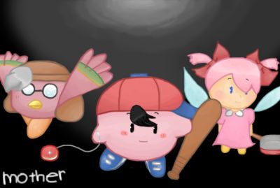Parody: Who has lost his tail?
The forgotten one of the ship that sails the cosmos! This is a parody of MOTHER for the NES. Here, we have Kirby as Ninten, Birdon as Loid, and Ribbon as Ana. Bonkers would have been the perfect Teddy, but I can't draw him to save my life and didn't want to ruin the picture, so I left him out. ^_^ I also wanted to do a parody of the games' final boss, Giegue, but I couldn't find any Kirby characters similar enough, sorry. By the way: It isn't Christmas-related 'cause I actually started it some ago.
Keywords: mother earthbound earth bound zero 0 nes 1989 parody kirby ninten ribbon ana birdon loid