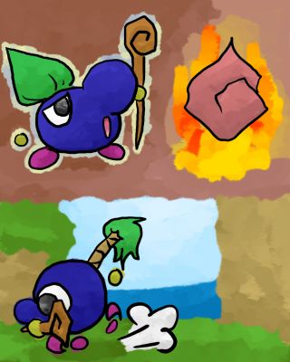 Perogoi & Perogai
This is a foe created by me for the contest "Simply Ungifted"
Perogoi has the alchemic power to solidify the flames, Perogai follow and hit you with his stick.
For some reason, this enemy was not accepted for the contest, maybe because there was two enemies in one submission, maybe because the flame-stone remembers too much the fire ability...
In any case, I made a demo in Game Maker about how these two enemy should be in a Kirby game:

http://www.megaupload.com/?d=D87JFDM7

(it works only with Windows XP, sorry)

These two enemies are inspirated by the character "Flago" of a fancomic made by me called "Kirby: Seeds of Darkness" (not online for now)
Keywords: foe simply ungifted perogoi perogai stick fire stone kirby seeds of darkness fancomic