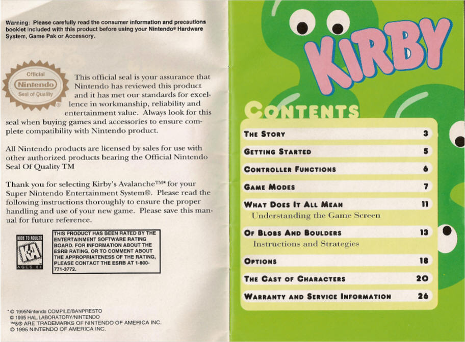 Snes - Kirby's Avalanche Super Nintendo Manual Booklet Only No Game or Box #1929